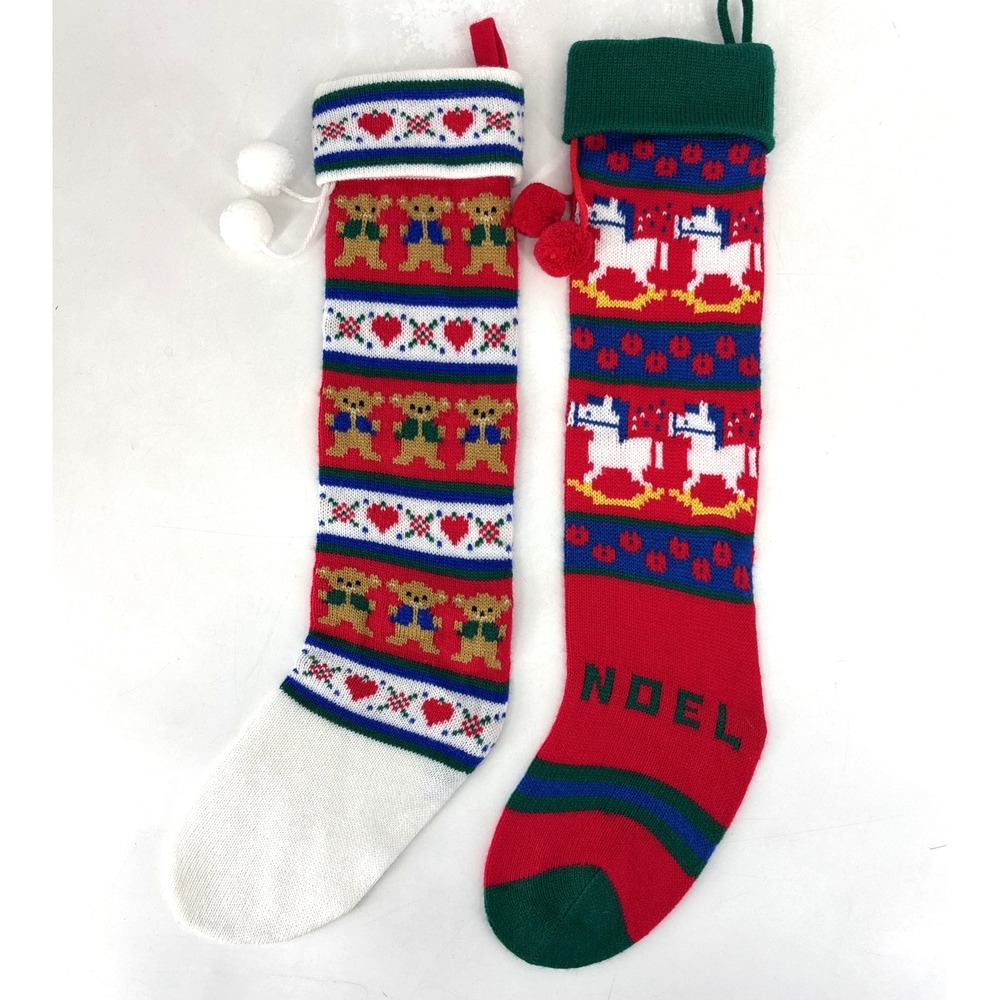 VTG Christmas Stocking LOT Kurt Adler Knit Hearts‎ & Bears & NOEL Rocking Horse